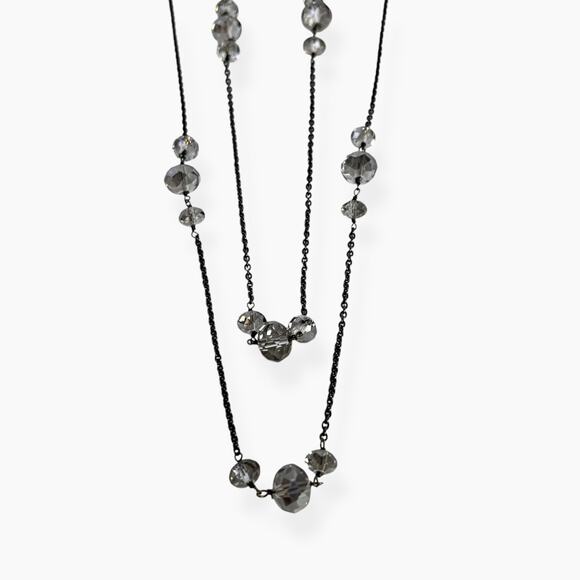 Fashion Necklace Faceted Smokey Gray Sparkly Station Beads Gun Metal 2-Strand - Picture 7 of 10